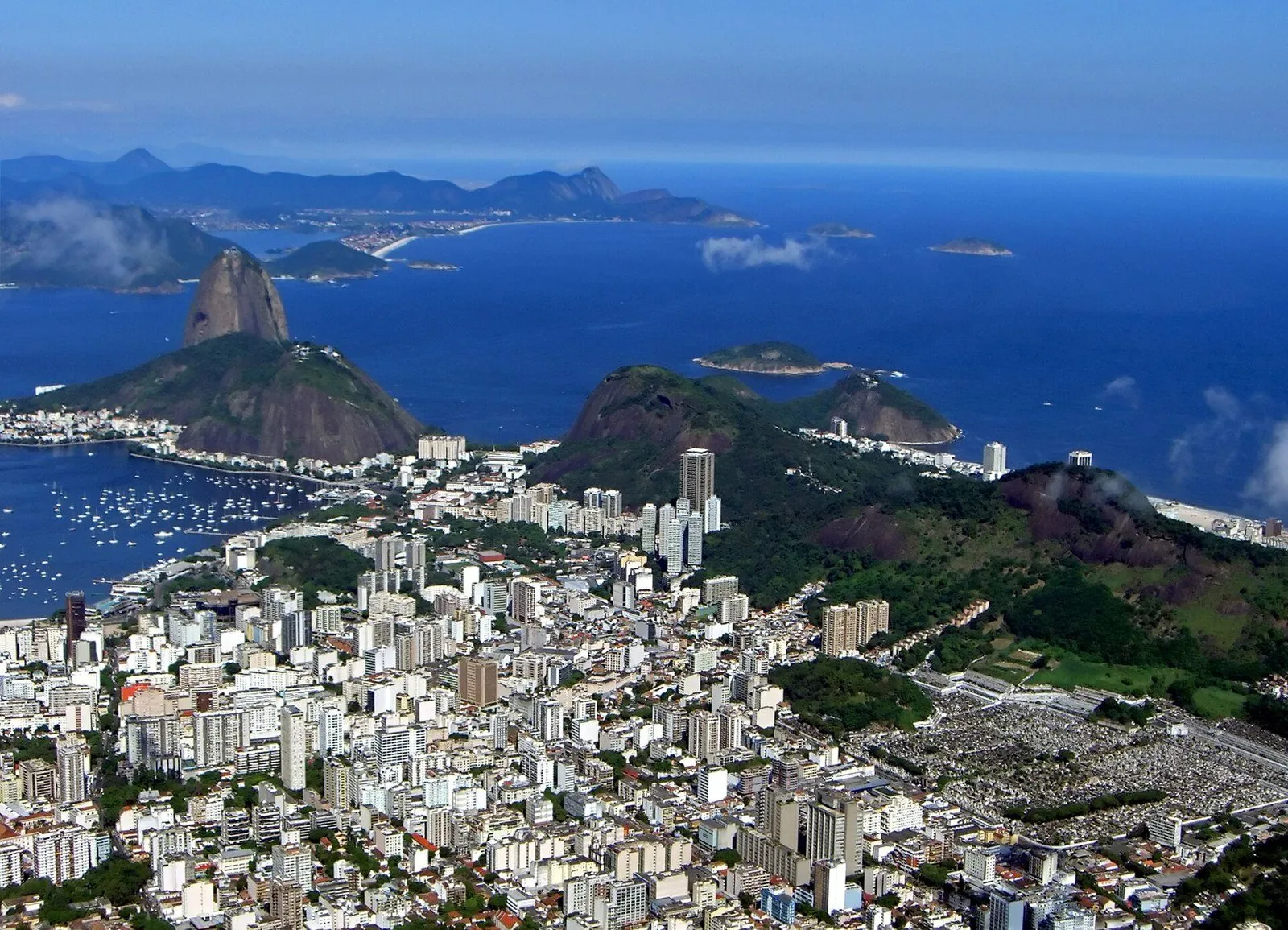 Rio de Janeiro seen from Corcovado, with Sugarloaf, Botafogo bay and the South Zone beaches beyond
