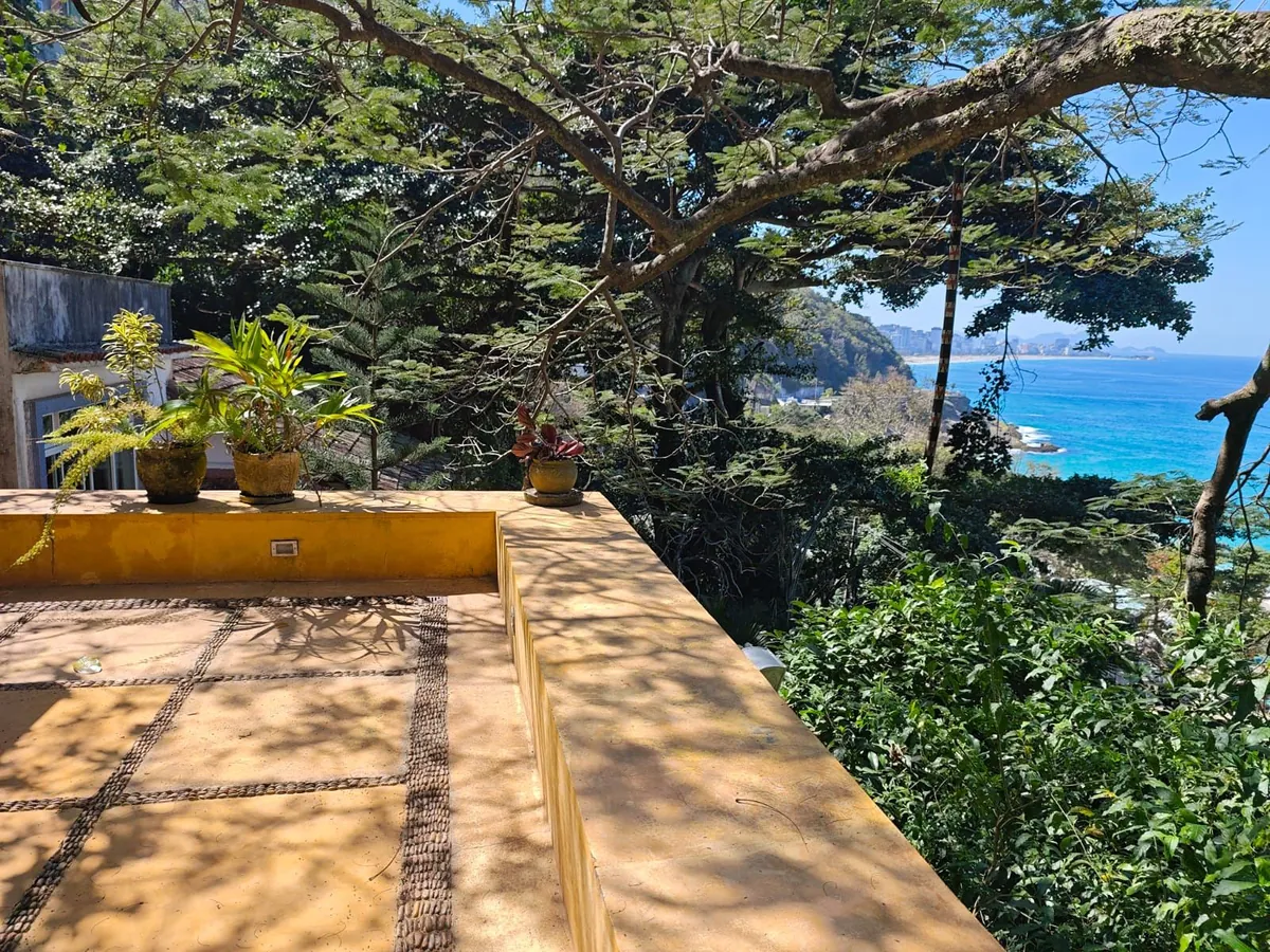 Sunny stone terrace of a Vidigal house under the shade of a large tree, with the sea beyond the hillside