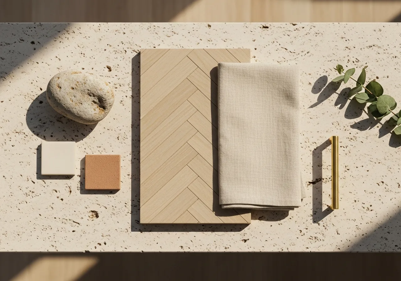 A renovation moodboard on a travertine surface with linen, stone, tile chips and a brass cabinet pull