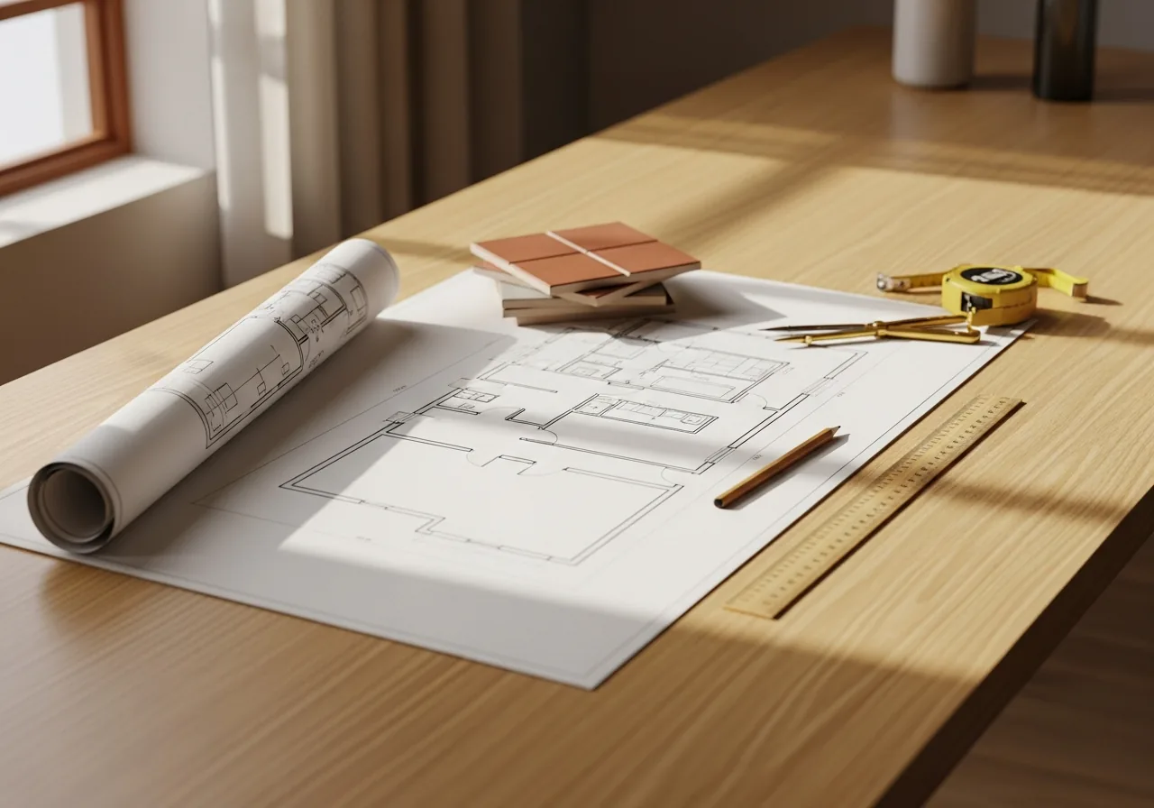 Une table d'architecte avec un plan déroulé, une règle en bois, un compas en laiton et des échantillons de carrelage