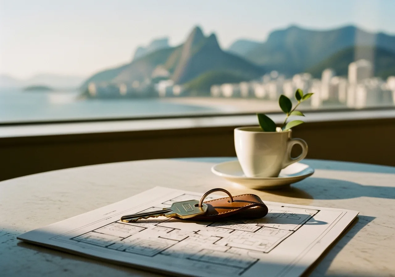 A brass apartment key on a leather fob resting on a folded architectural floor plan beside an espresso cup, with the Rio coastline through the window
