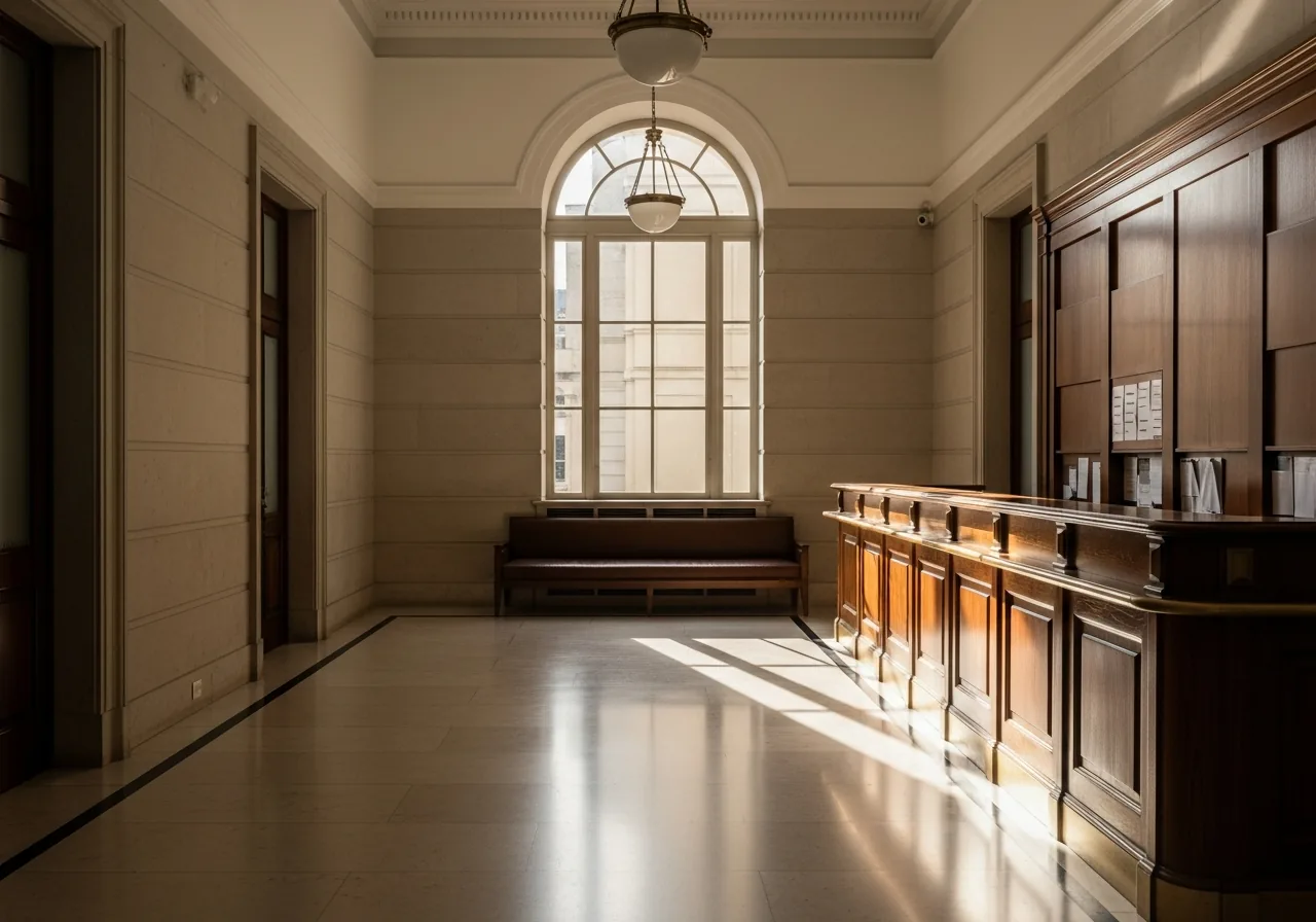 The calm marble interior lobby of a Rio de Janeiro notary office with an arched window and dark wood counter