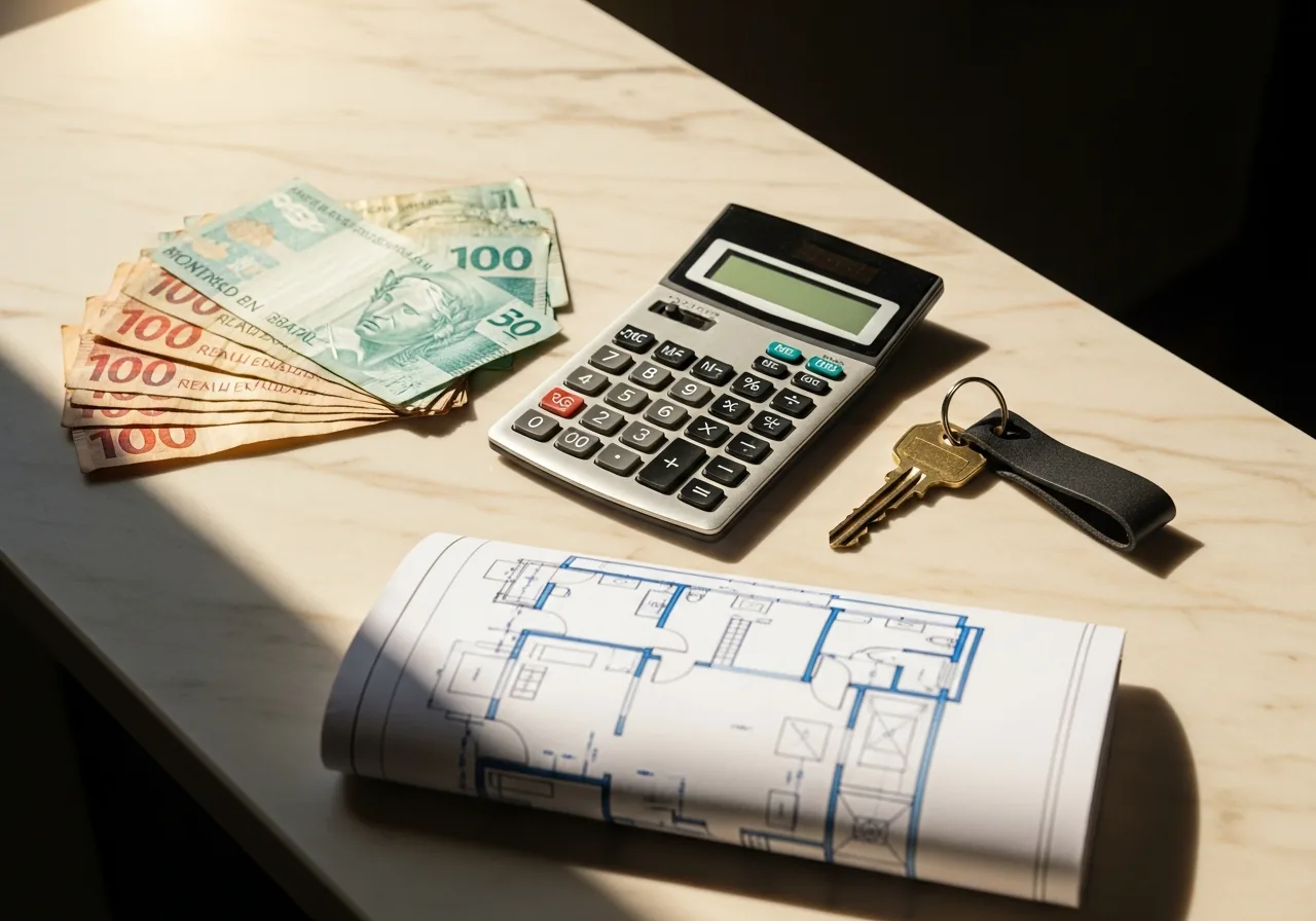 Brazilian real banknotes, a calculator, a house key and a floor plan