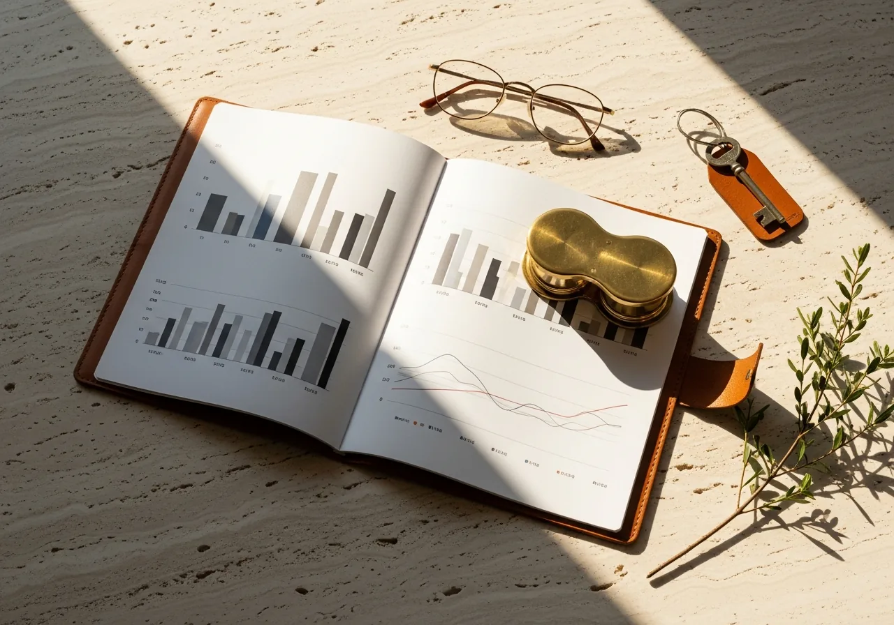 A tan leather portfolio open on a pale travertine surface with abstract column graphs and a small line chart