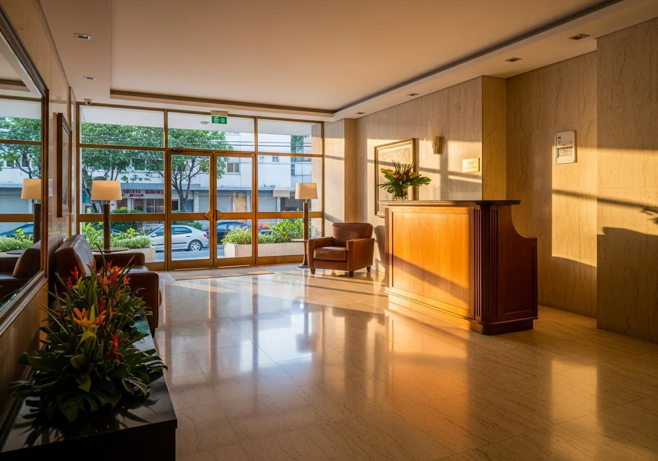 O lobby de mármore e latão de um edifício residencial em Ipanema com balcão de portaria, poltrona de couro e vegetação tropical