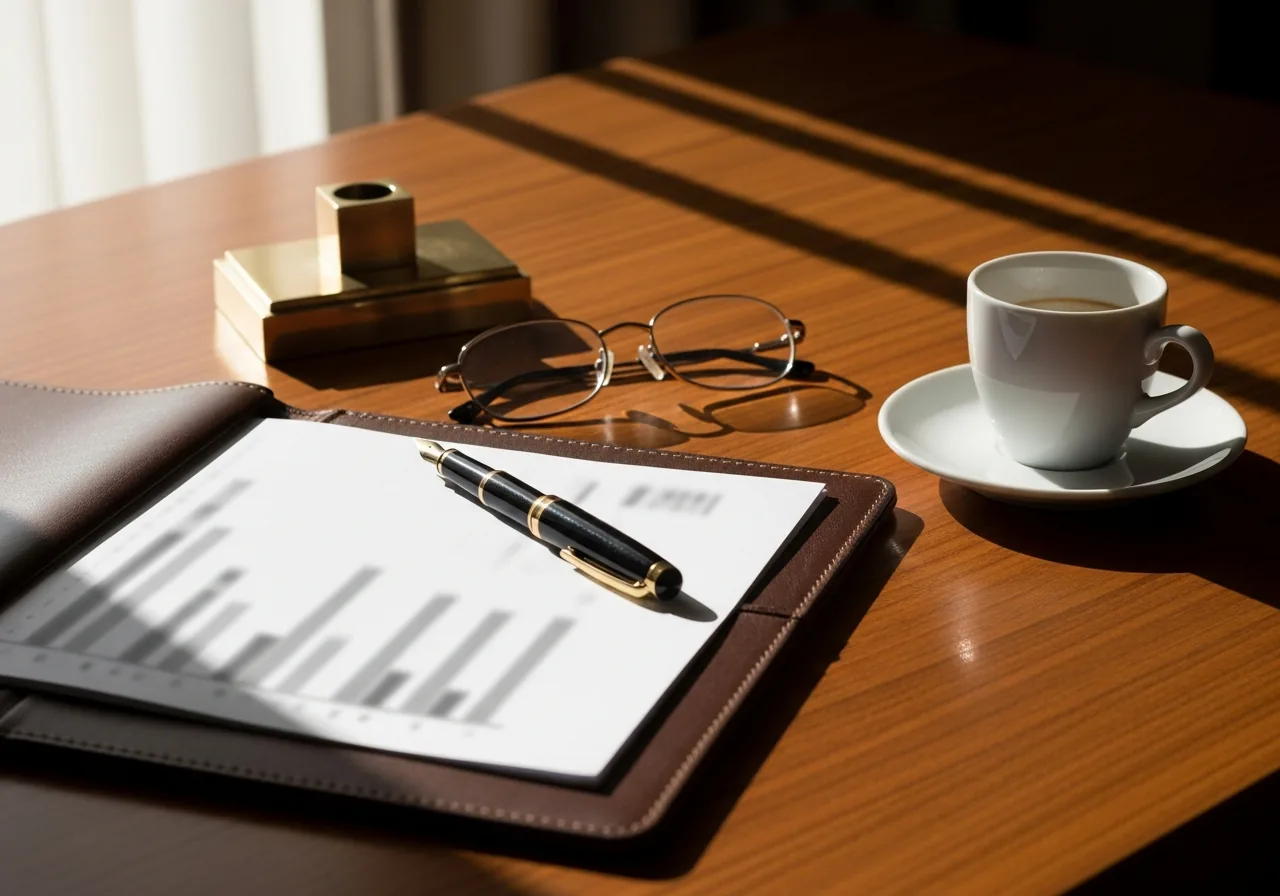An owner's desk with a leather portfolio open to a financial statement, a fountain pen, reading glasses and an espresso cup