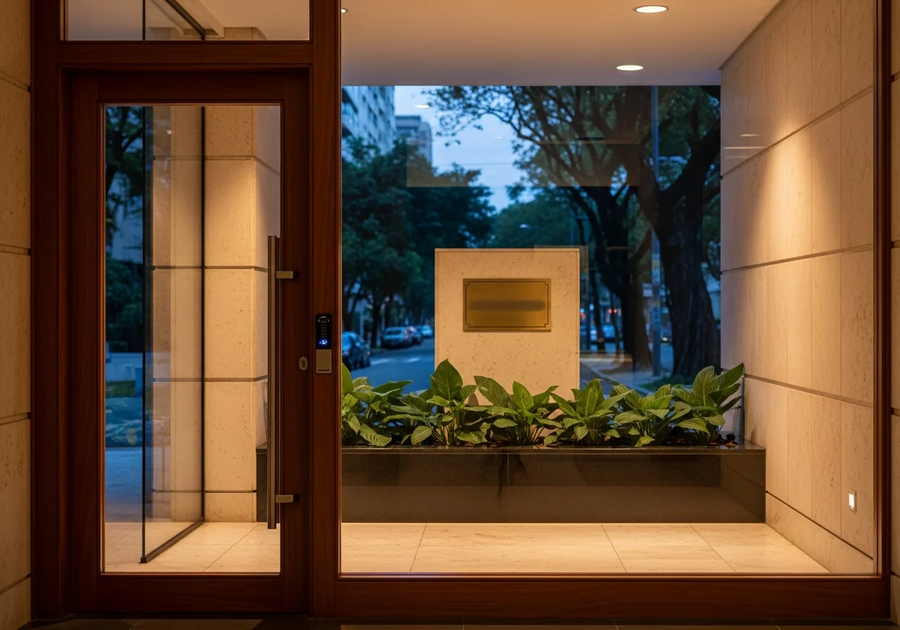 A discreta entrada de mogno e vidro de um edifício residencial de luxo no Rio ao entardecer, com luz quente no interior