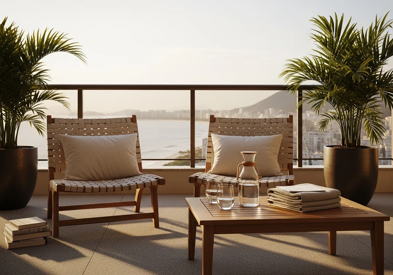 A Rio apartment terrace dressed for a short-stay guest at golden hour