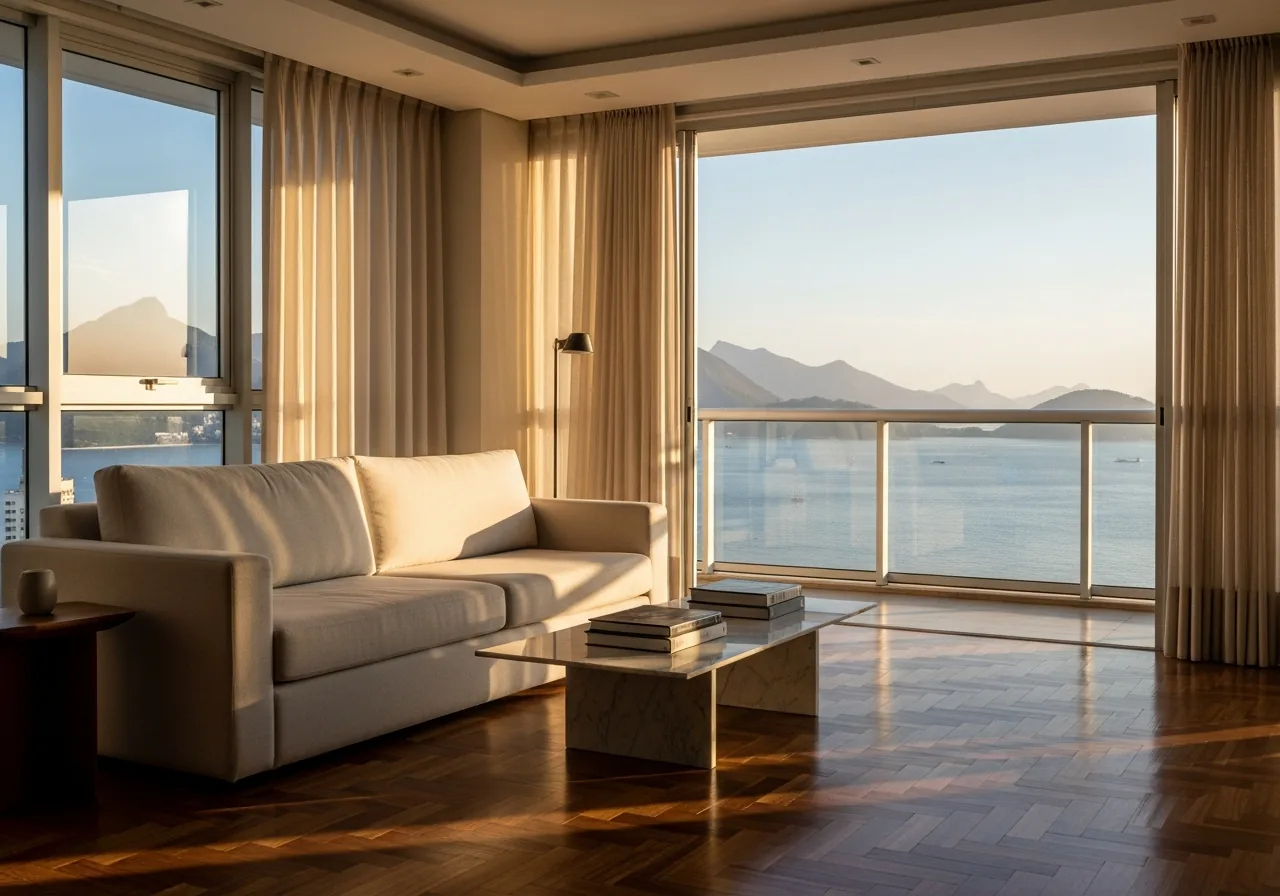 A staged Rio living room with bay view, ready for buyer viewings