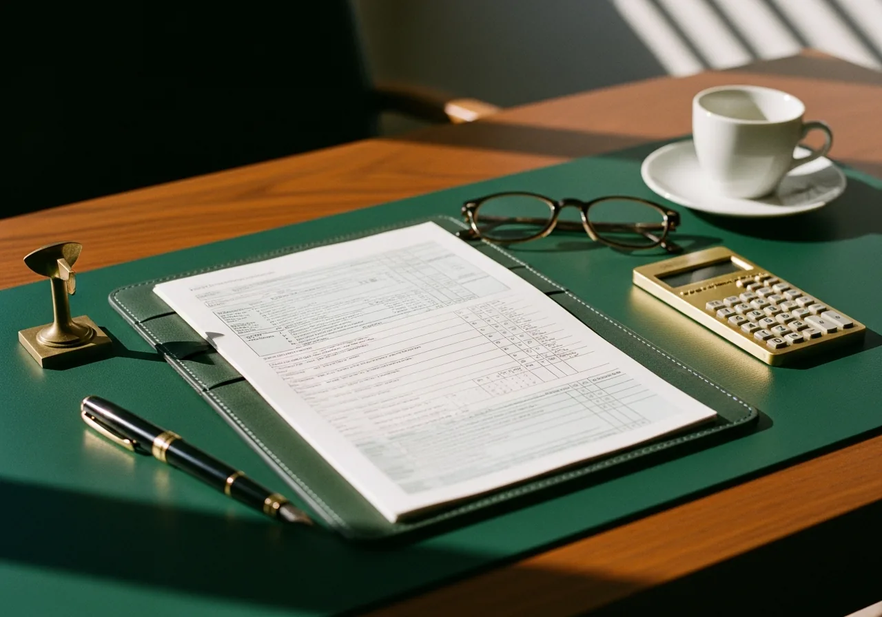 A leather portfolio open to an abstract tax-form layout on a green desk pad, with a fountain pen and brass calculator